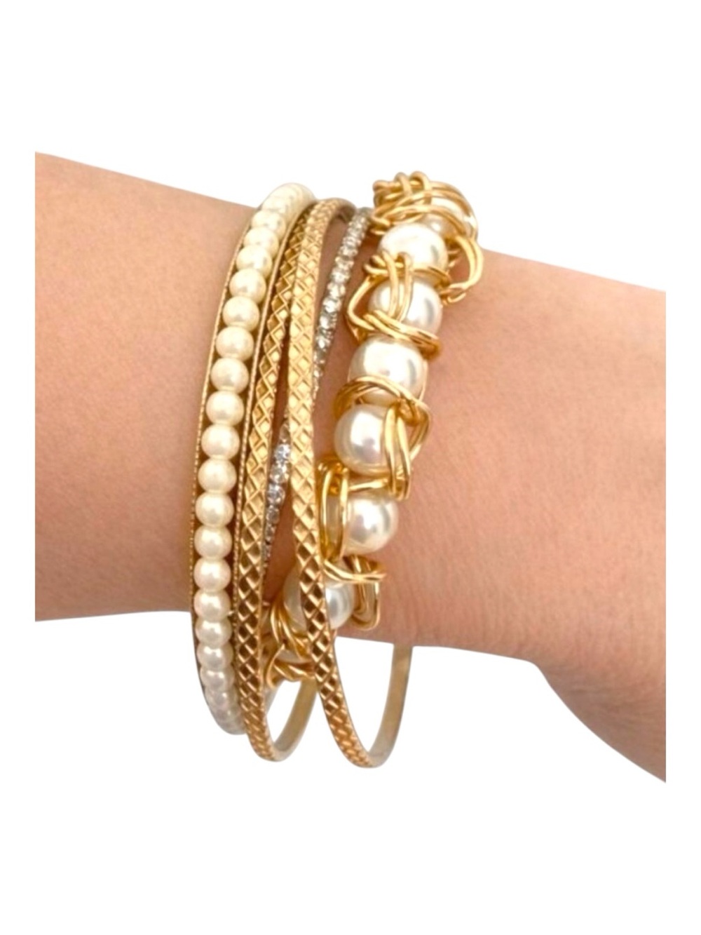 Gold & Faux Pearl Bracelet Set 6 Pieces Elegant Bangles Crystal & Pearl Accents